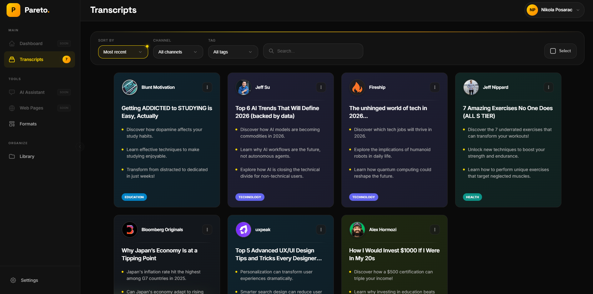 Pareto Hub - personal knowledge library for analyzed YouTube videos