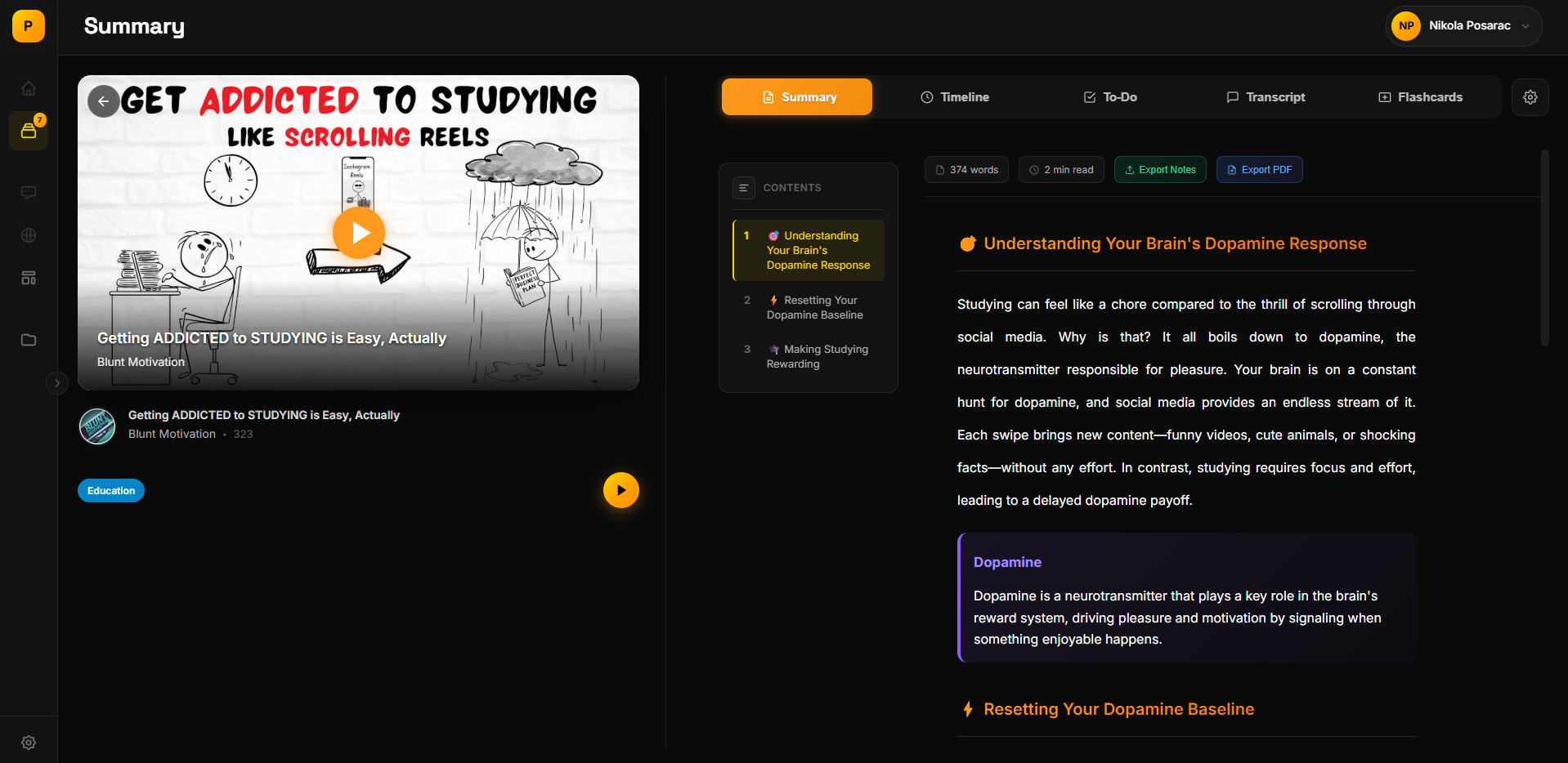 Pareto video breakdown with key takeaways and timestamps